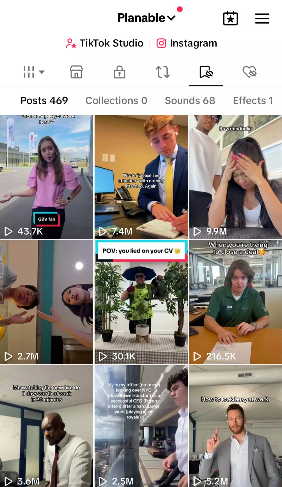 Grid of TikTok videos showing workplace humor skits and viral trends saved by Planable for content inspiration.
