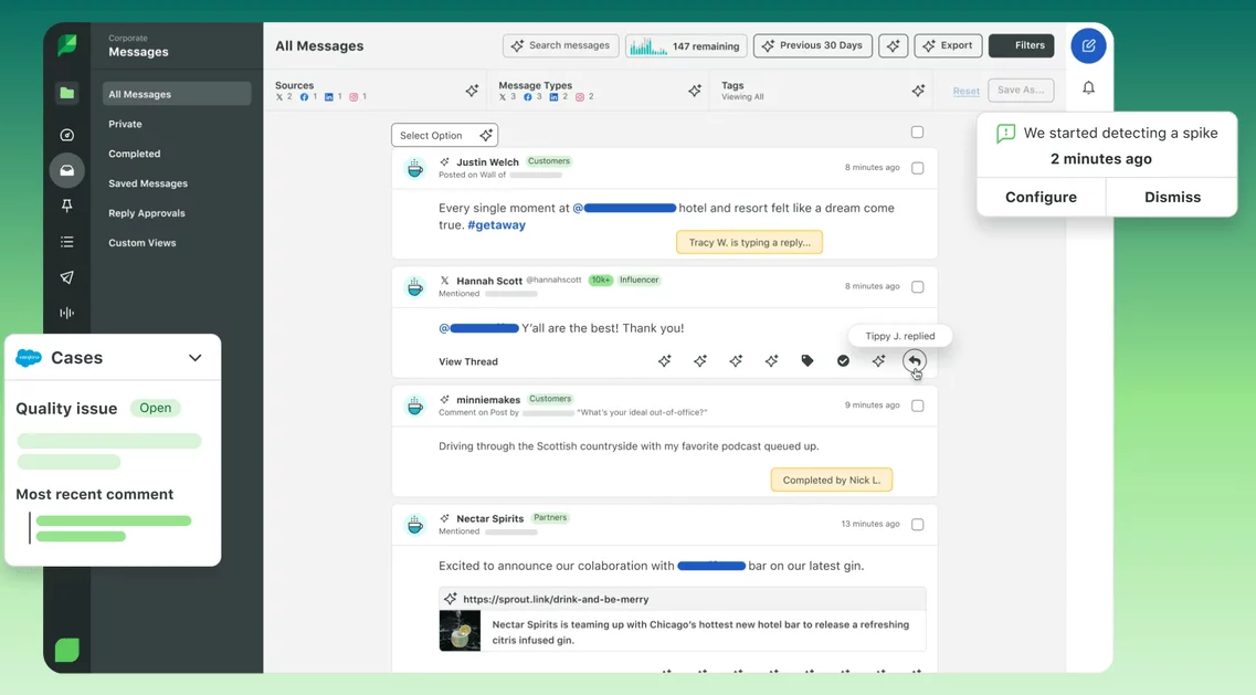 Sprout Social homepage showing an inbox with messages, customer interactions, and open quality issue cases.