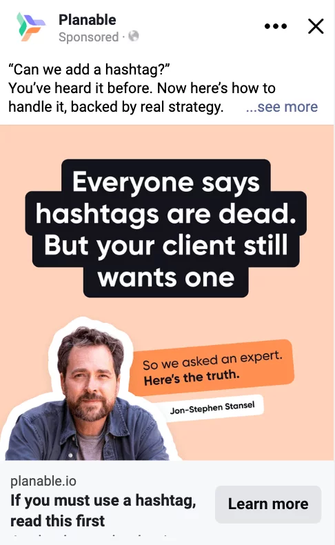 Ad with text “Hashtags are dead but your client wants one,” featuring Jon-Stephen Stansel as expert.