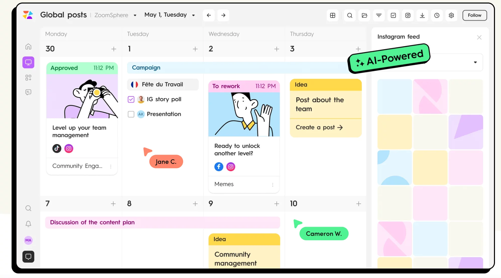 ZoomSphere AI-powered content calendar showing scheduled posts, ideas, and campaigns across multiple social platforms.