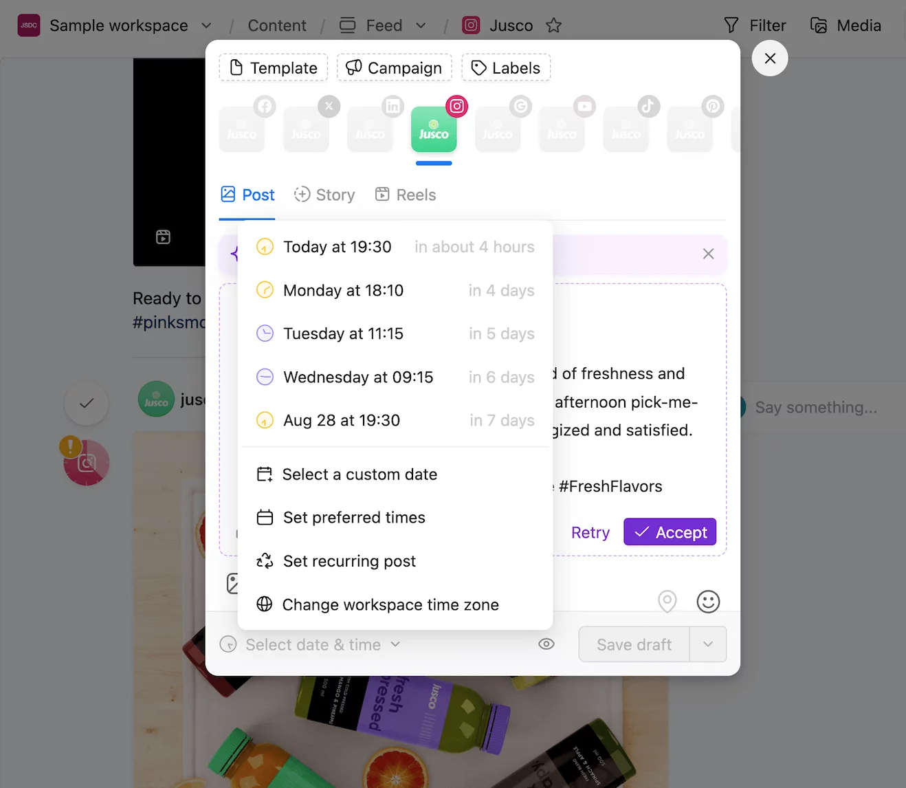 Social media post scheduling dropdown with multiple date and time options in Planable.
