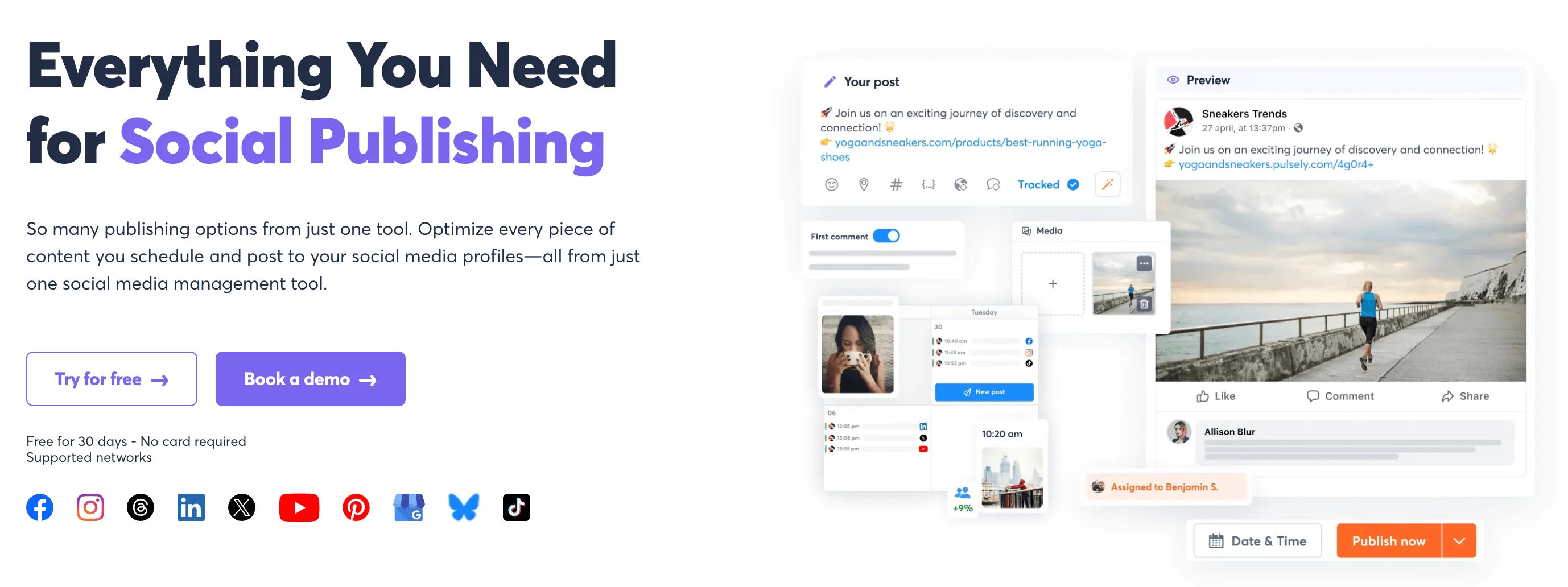 Social media publishing interface with post preview, media tools, and scheduling calendar.