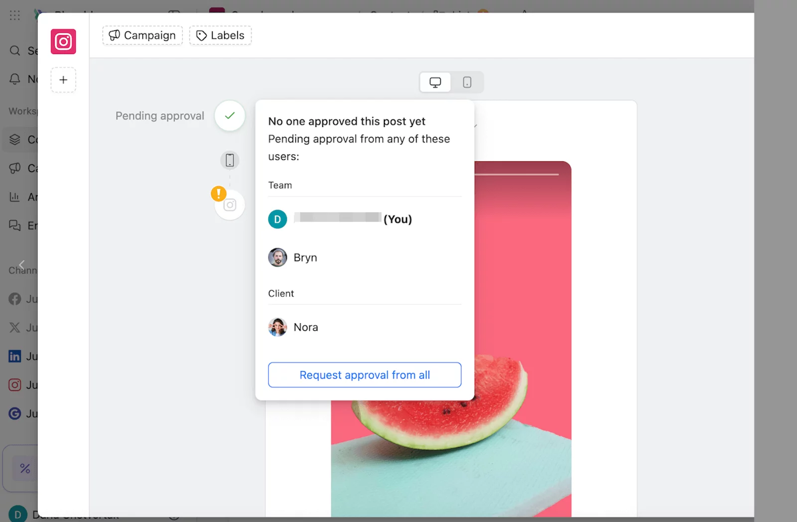 Instagram post pending approval in Planable, showing team and client members with request button.