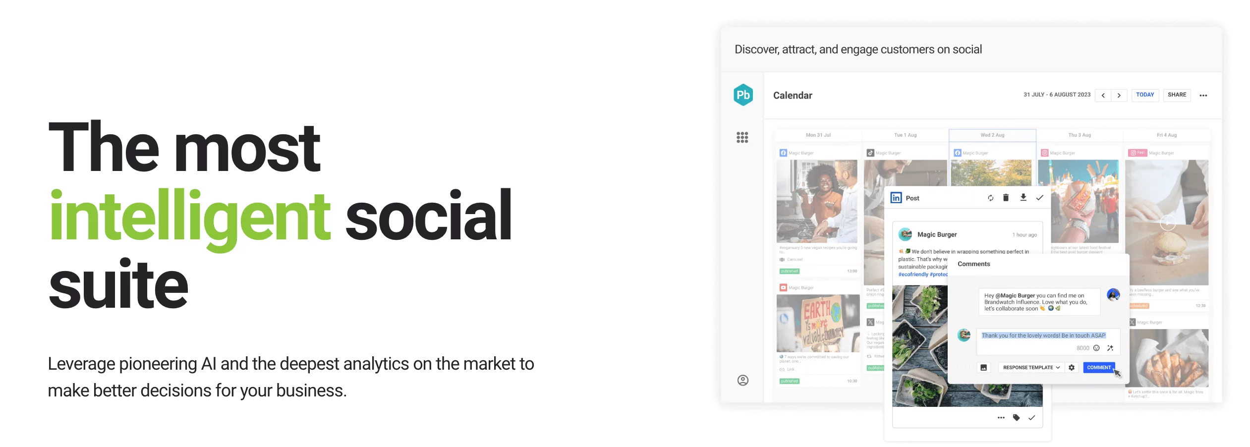Social media calendar in Brandwatch showing scheduled posts with engagement and comment response preview.