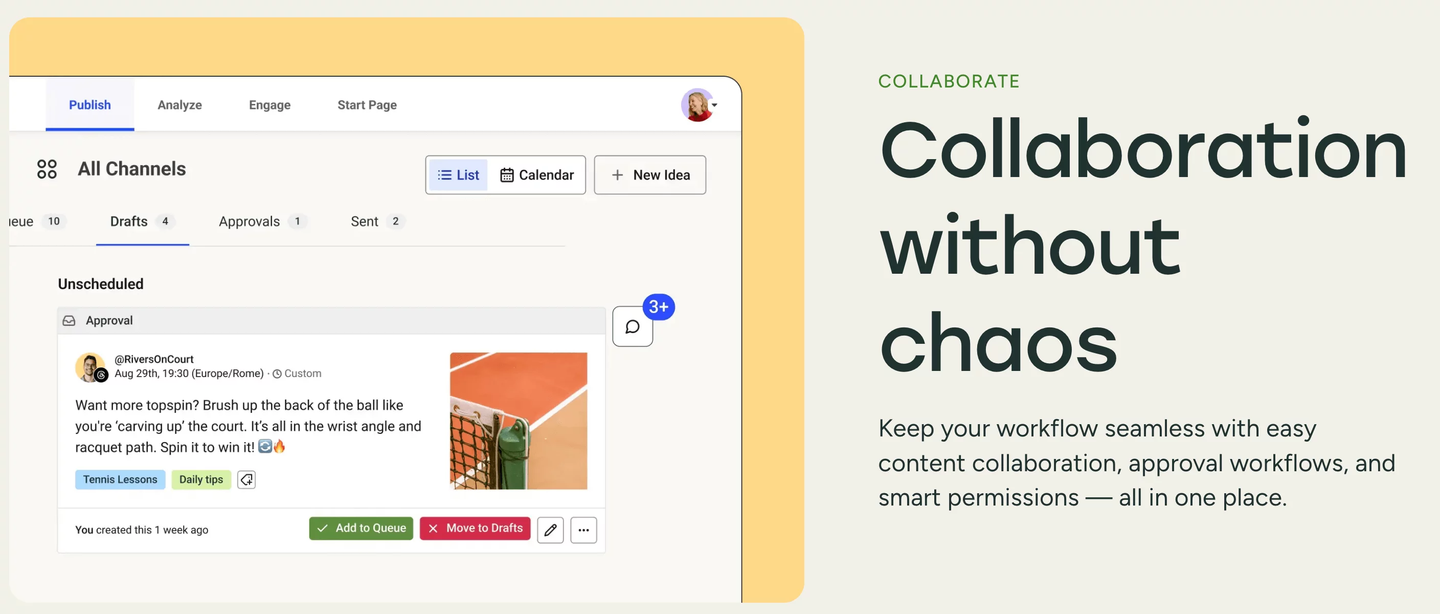 Content collaboration Buffer dashboard showing draft posts, approvals, and comment threads.
