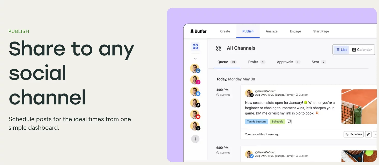 Buffer dashboard showing scheduled posts across channels with publishing options and calendar view.