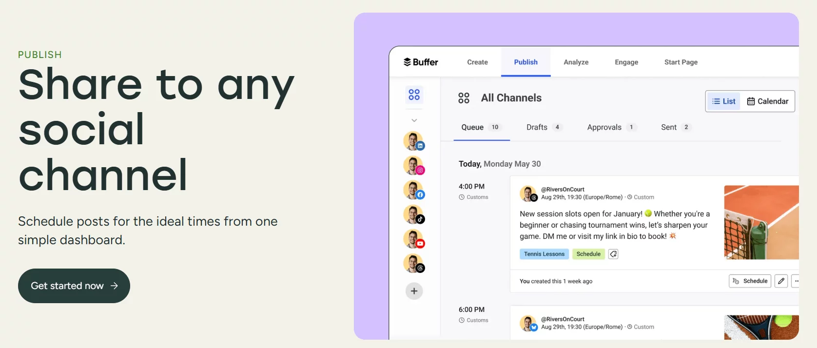 Buffer dashboard for scheduling social media posts across multiple platforms from one interface.