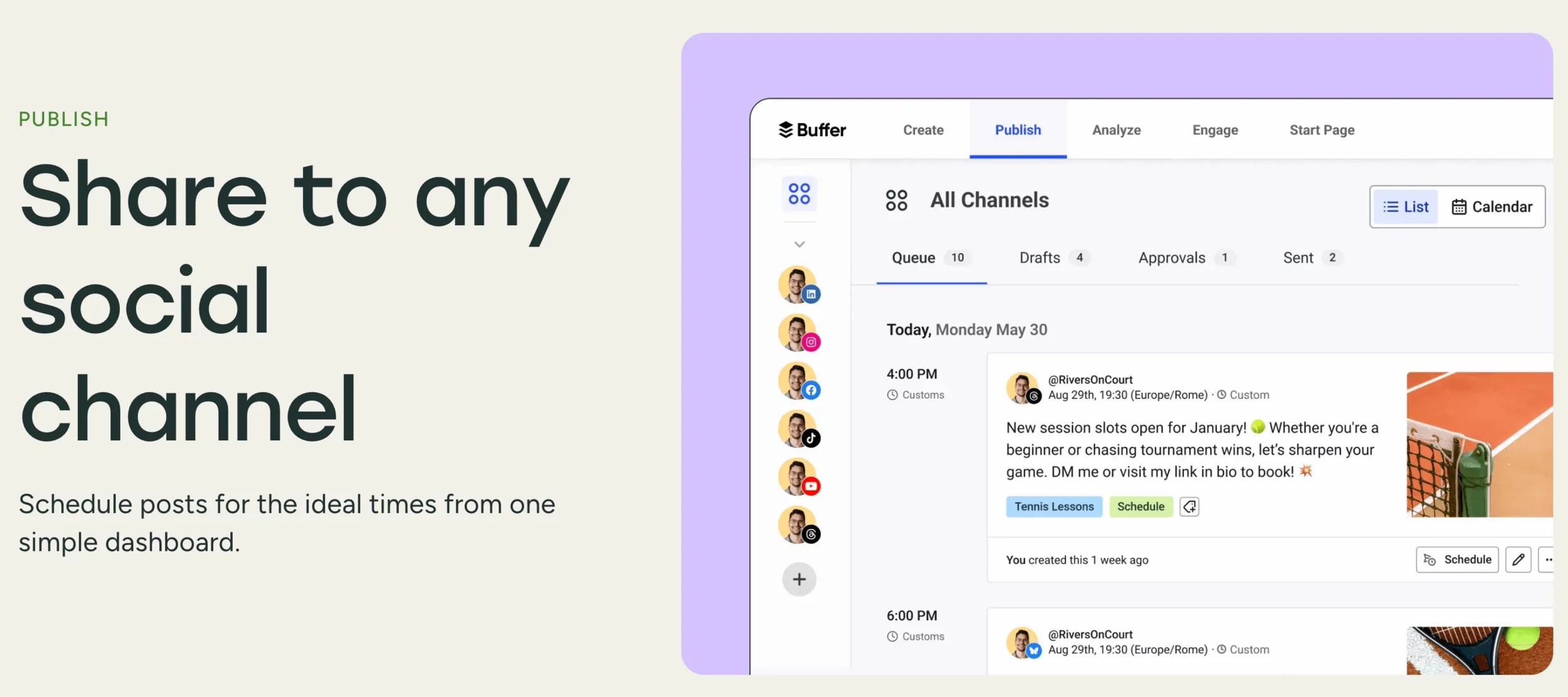 Buffer dashboard displaying scheduled social media posts across multiple channels.