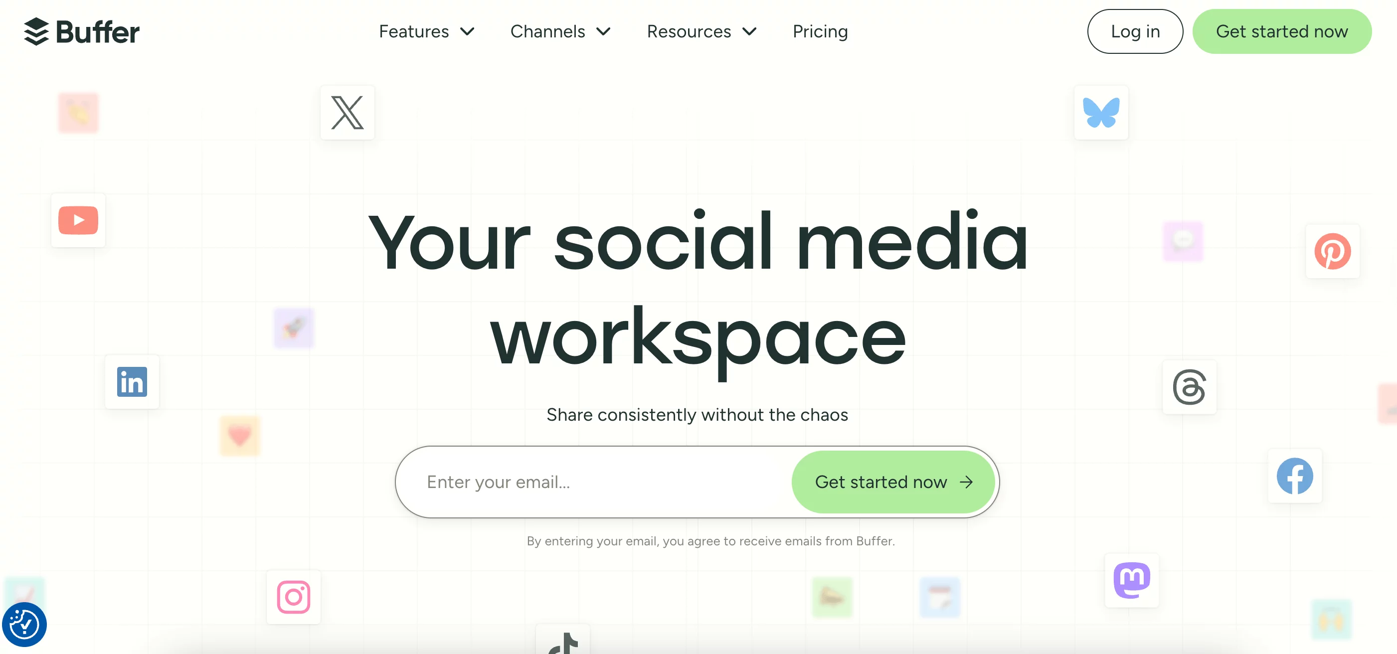 Buffer homepage offering a centralized workspace for managing multiple social media platforms.