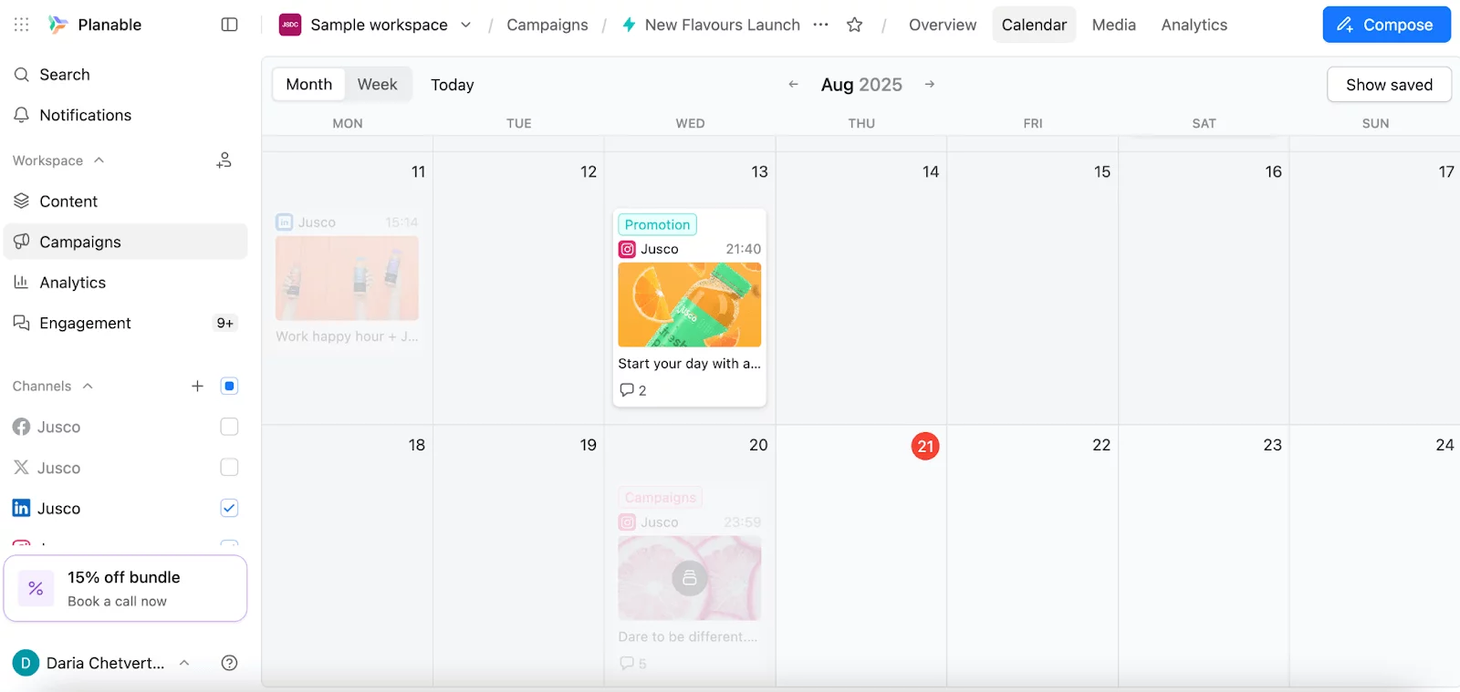 Planable calendar view showing scheduled Instagram campaign post for Jusco with promotion tag.