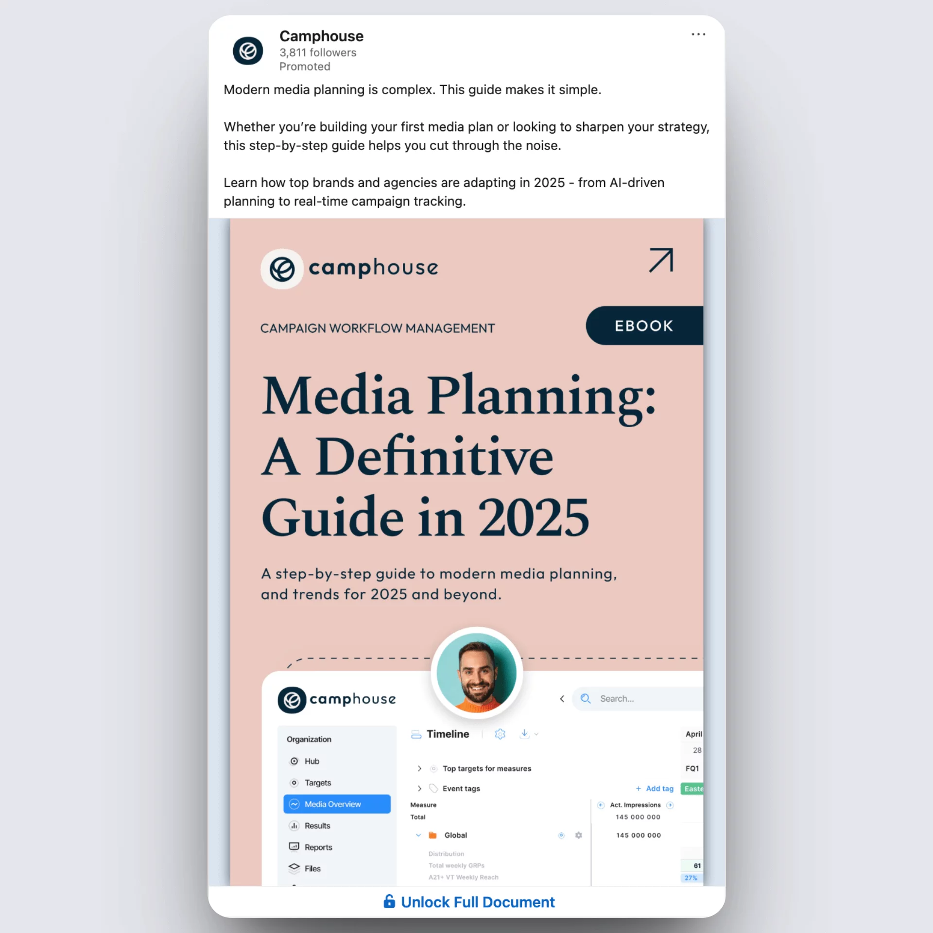 LinkedIn document ad for a 2025 media planning guide with dashboard preview and call to unlock ebook.