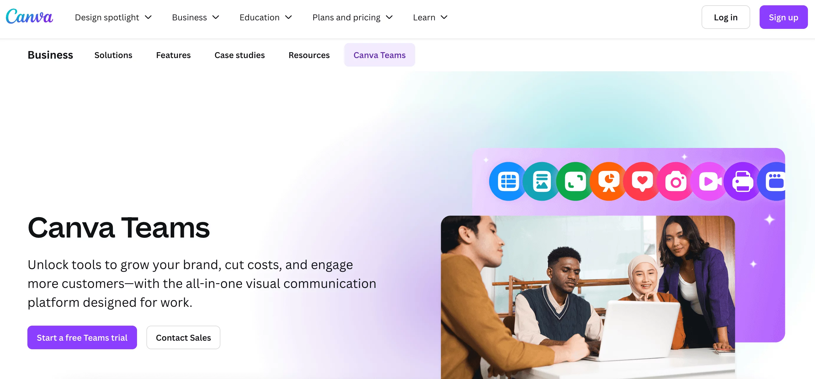 Team collaborating on laptop with Canva interface and colorful app icons above screen.