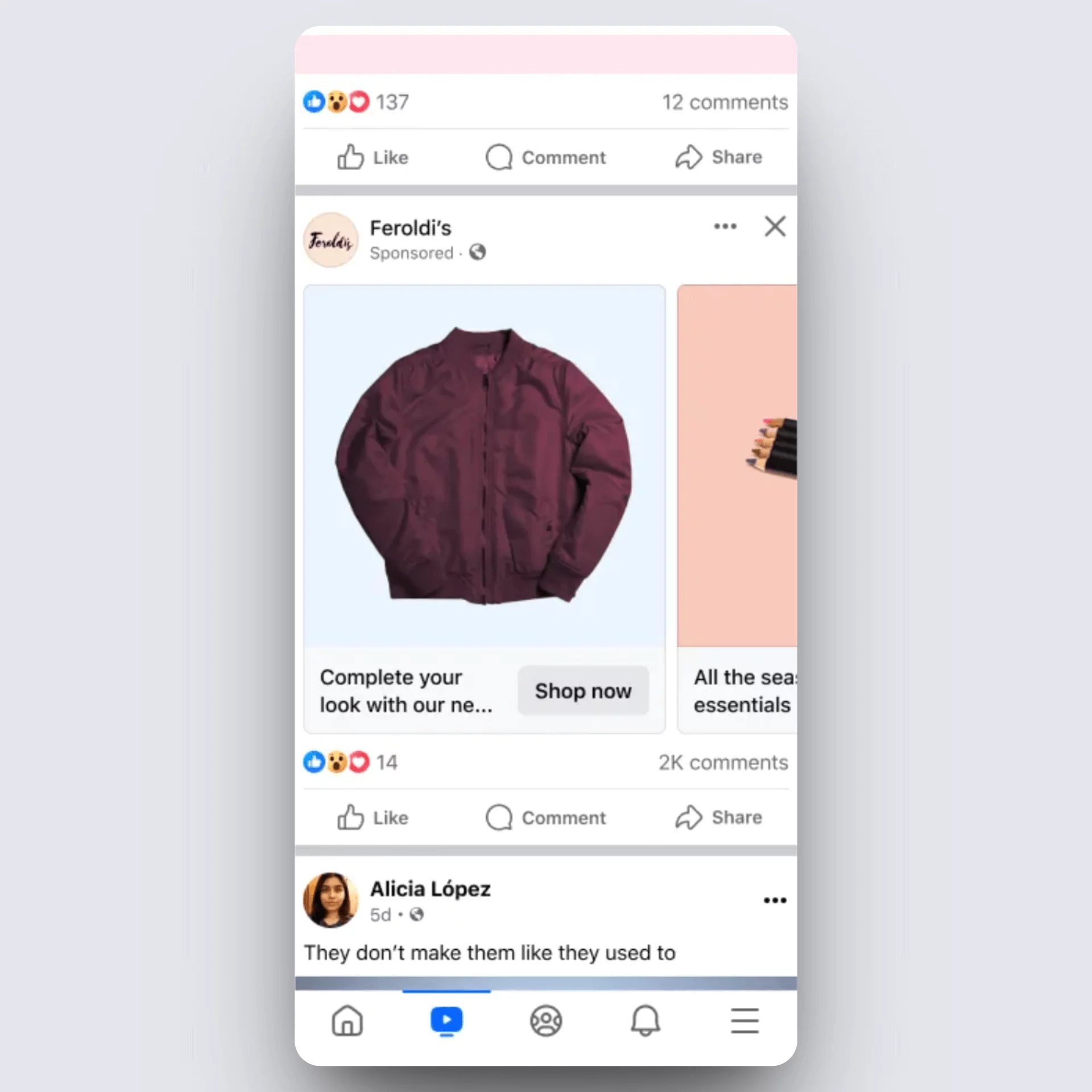 Facebook carousel ad showing a maroon jacket with shop now button and partial view of makeup items.