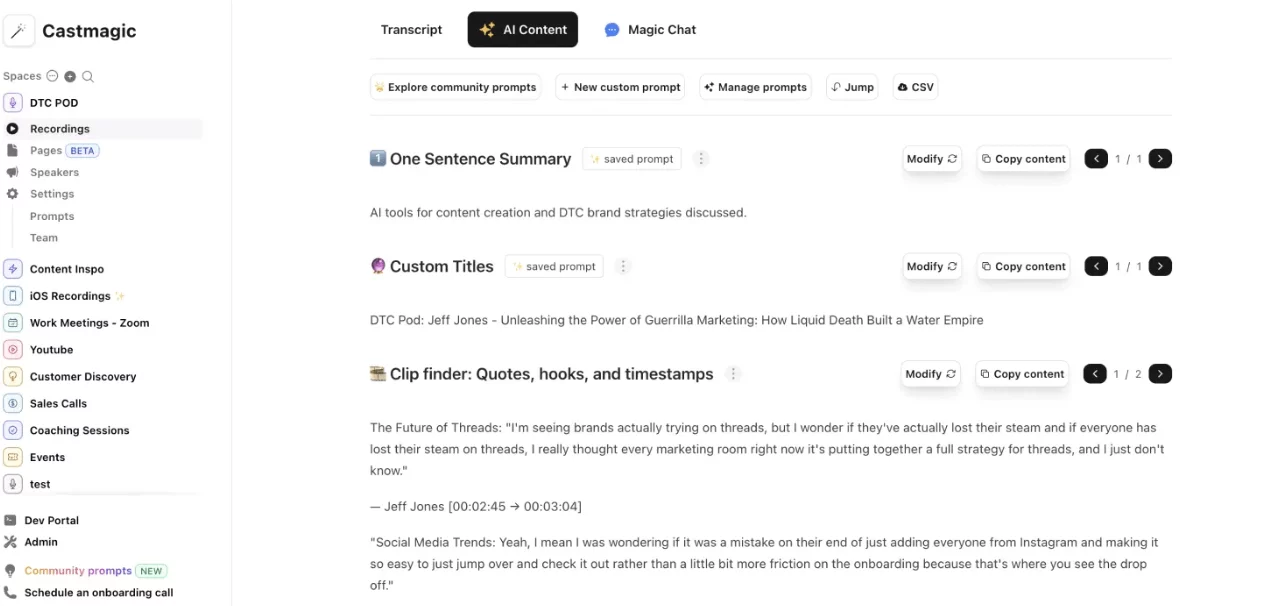 Castmagic interface showing AI-generated summaries, titles, and clips from audio transcripts.