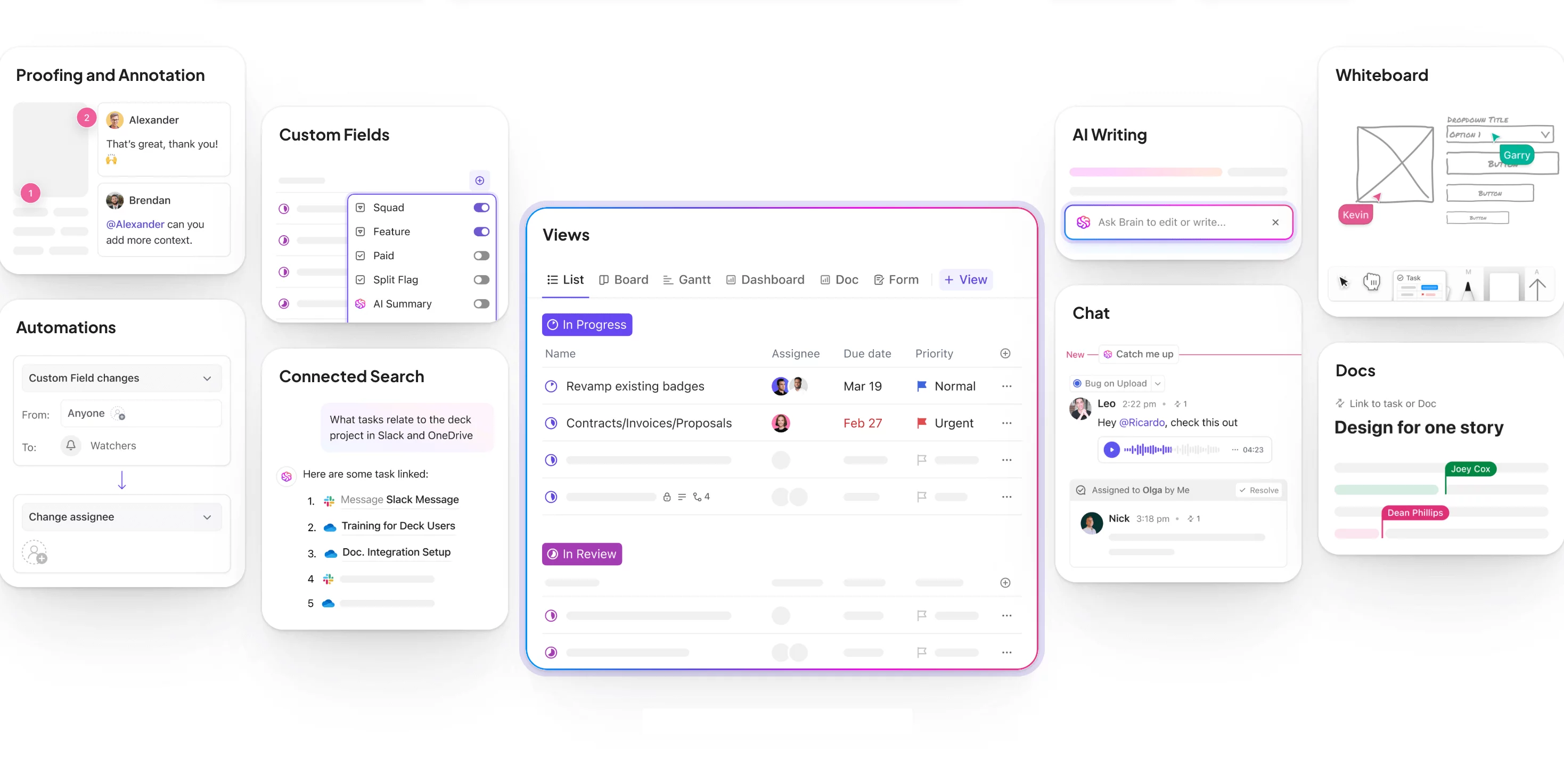 ClickUp workspace with task views, custom fields, annotations, chat, AI writing, and automation panels.