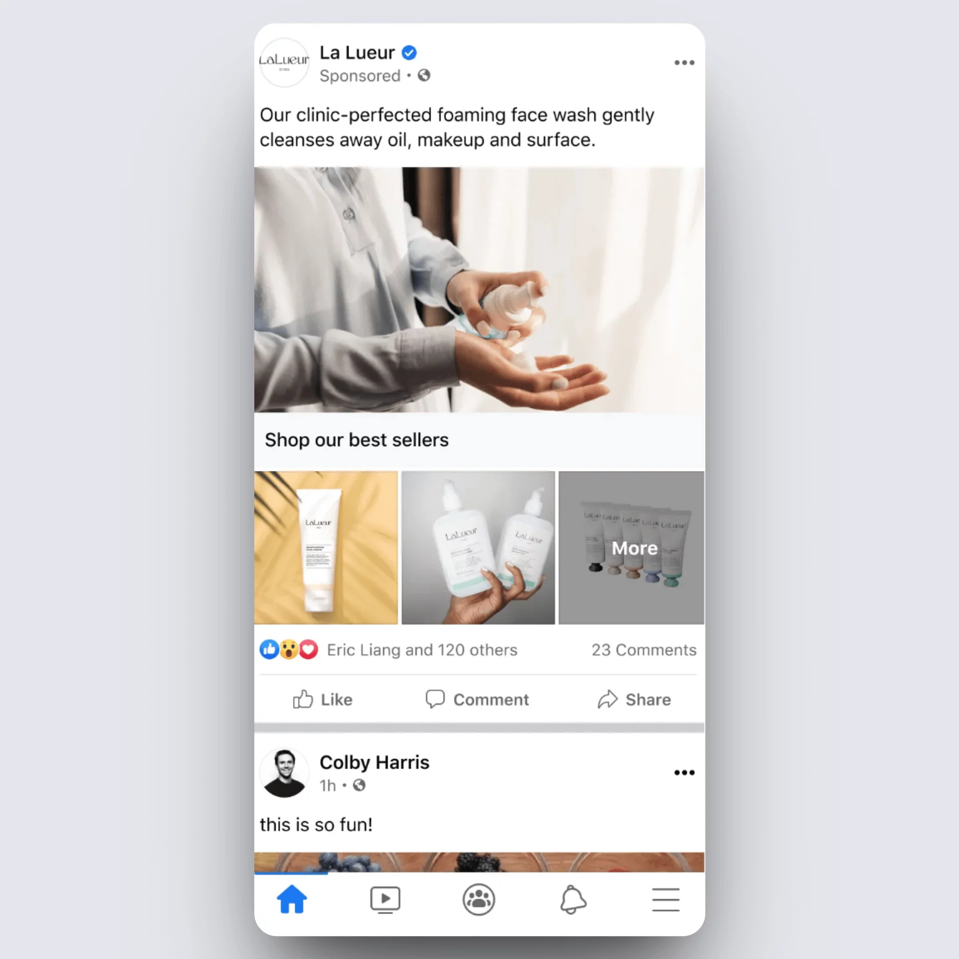 Facebook ad showing a person dispensing face wash, with product carousel featuring skincare items.