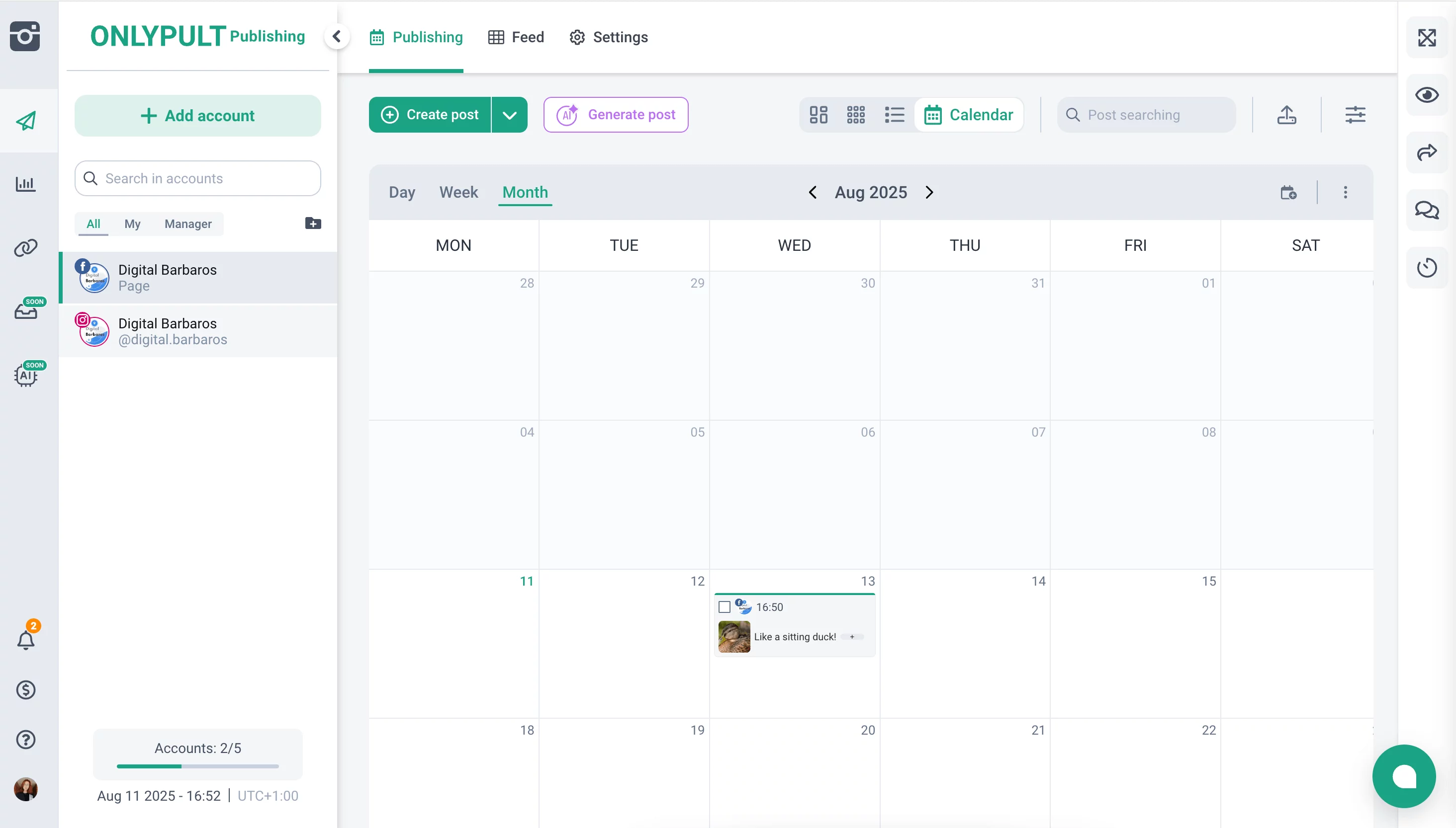 Monthly content calendar in Onlypult with scheduled social media posts and publishing options.