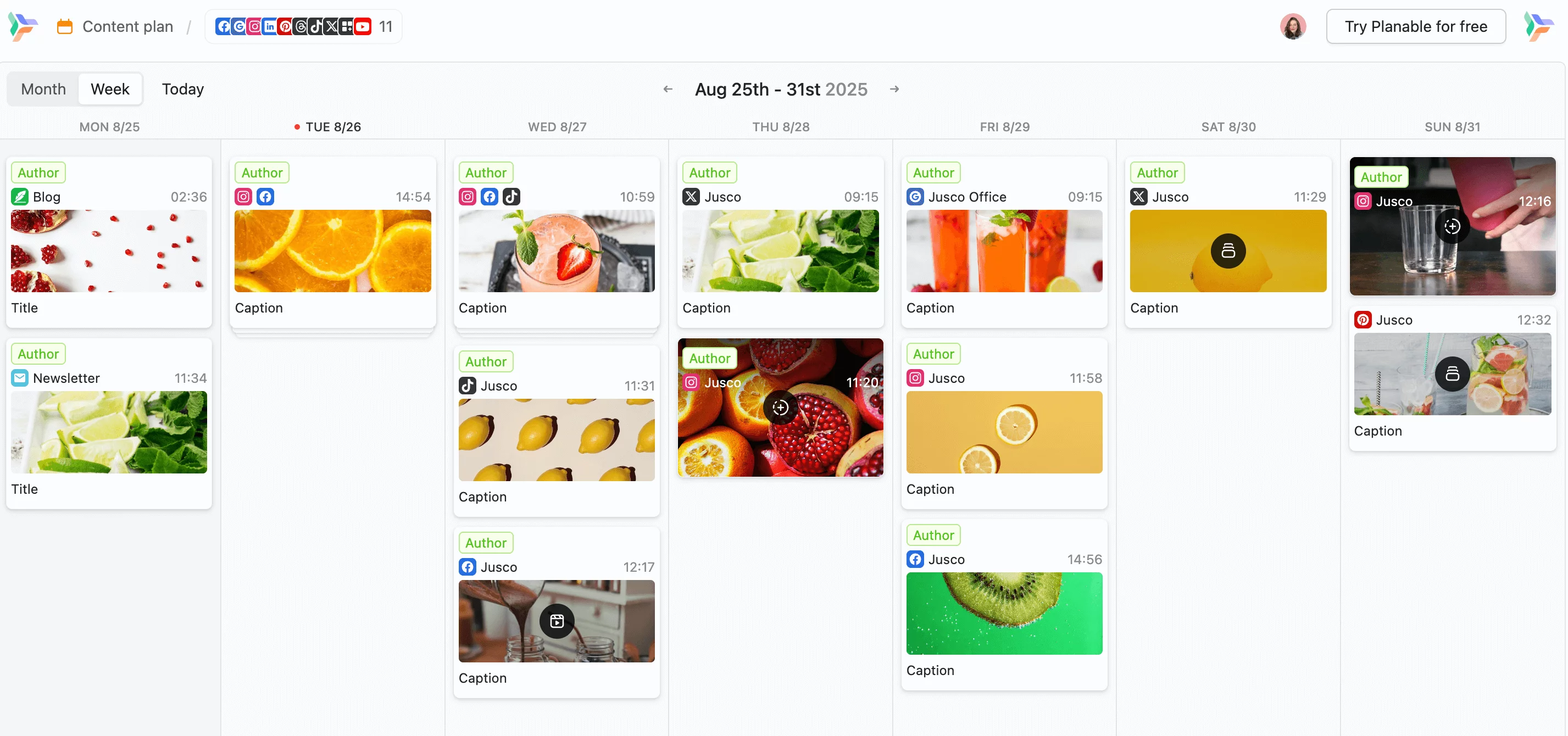 Weekly content planner in Planable with scheduled posts for multiple platforms and authors.