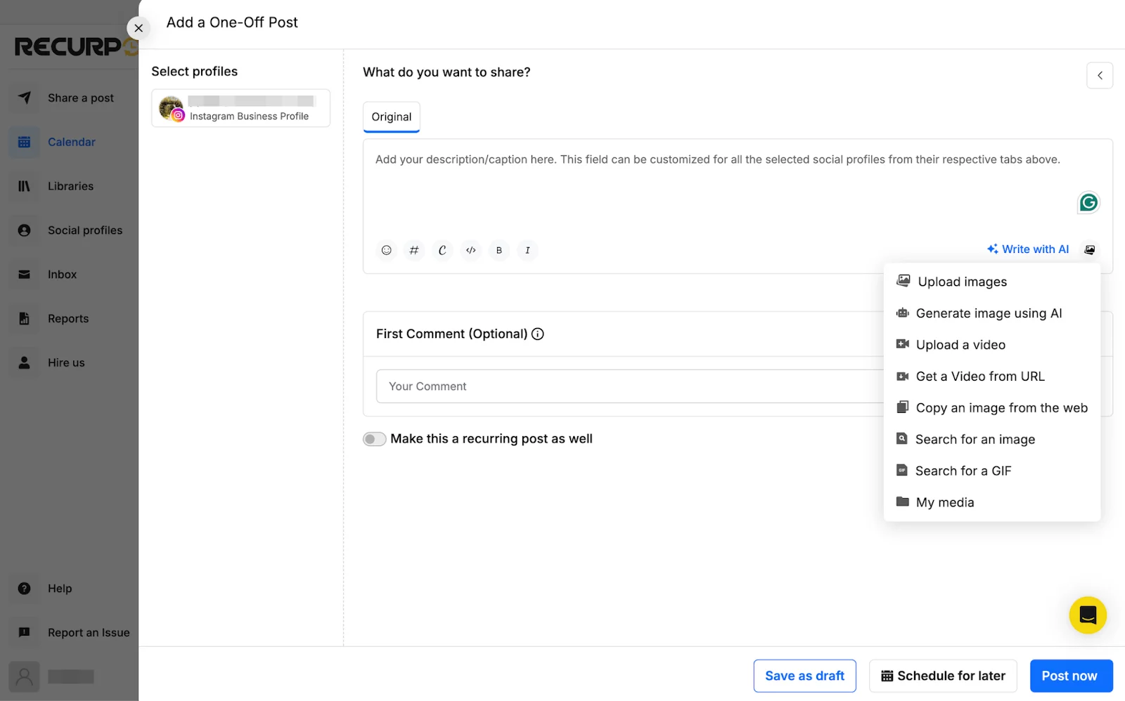 RecurPost interface for creating one-off Instagram posts with AI, media upload, and scheduling tools.