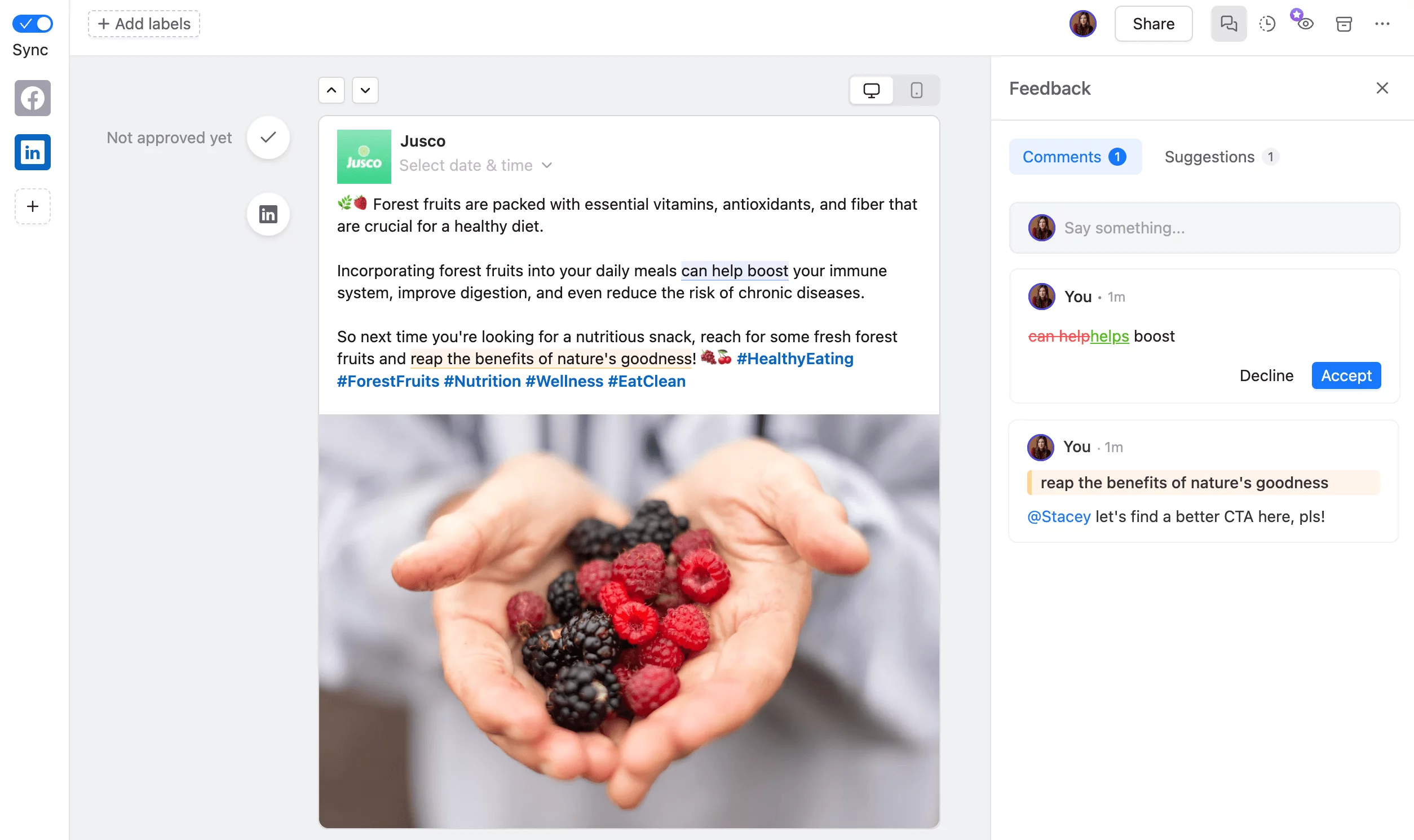 LinkedIn post draft in Planable with feedback comments, suggestions, and forest fruit image preview.