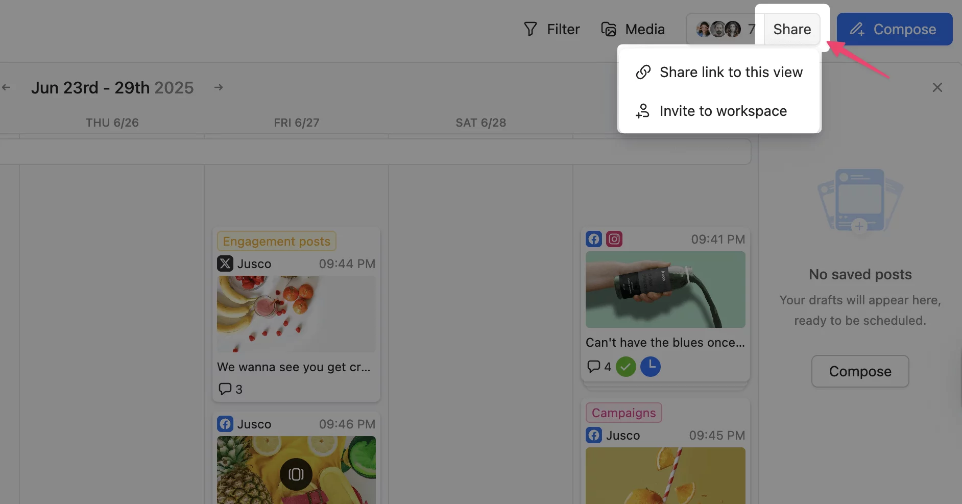 Planable content calendar with guest view sharing options for scheduled posts.