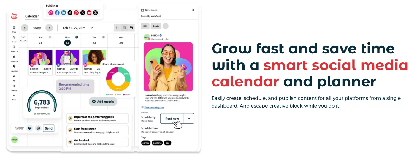 Hootsuite dashboard promoting smart social media calendar with content scheduling and metrics.