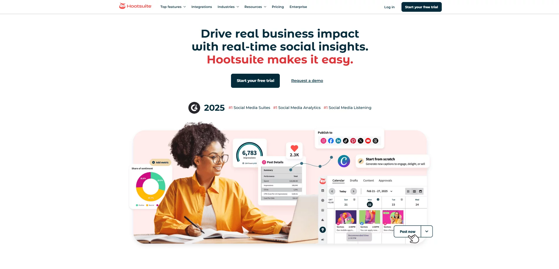 hootsuite homepage of a smiling woman using Hootsuite dashboard with colorful graphs, analytics, and social post scheduling tools.