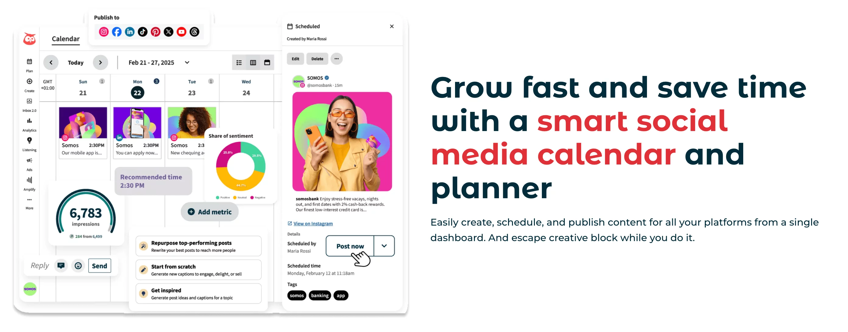 Hopper HQ interface with post preview, scheduling tools, and publishing platform options.