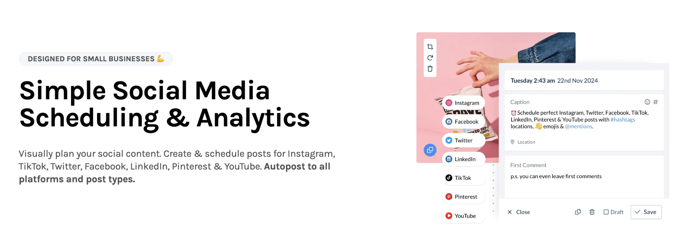 Hopper HQ interface with post preview, scheduling tools, and publishing platform options.
