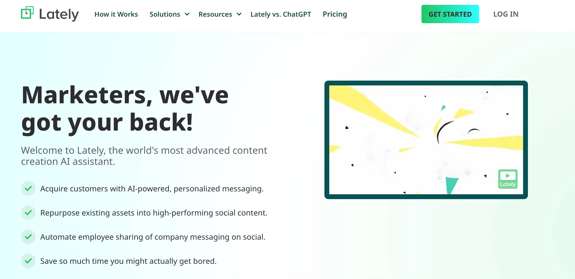 Lately homepage highlighting AI for repurposing and automating social content creation.
