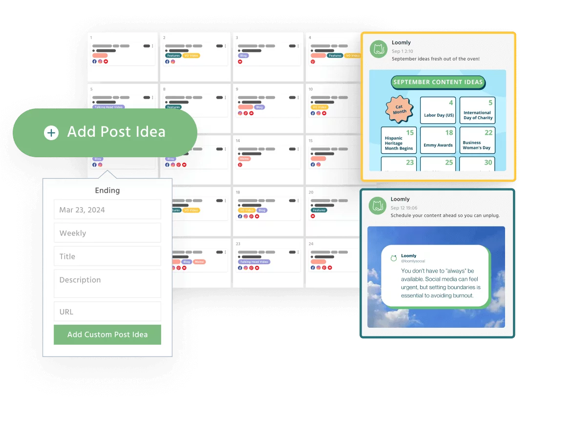 Loomly dashboard showing a social media calendar, post ideas, and scheduled content previews.