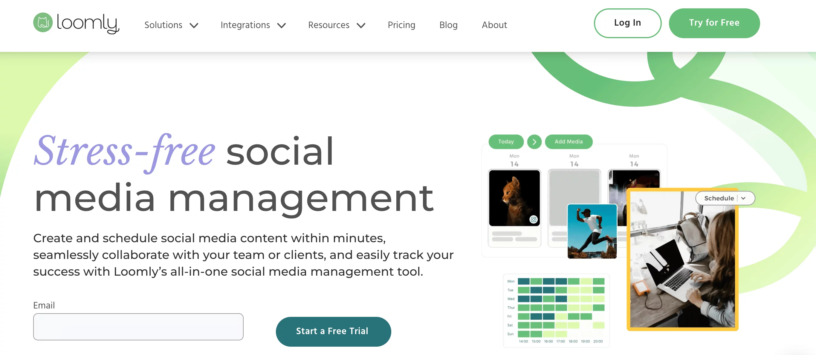 Loomly dashboard with woman scheduling content on laptop and social media previews around her.