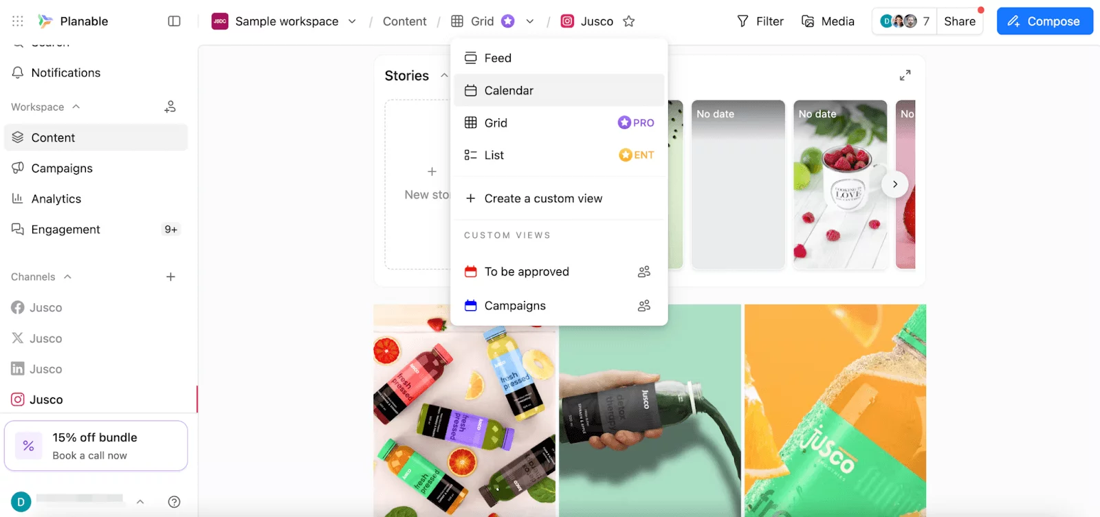 Planable content layout view options including feed, calendar, grid, and list for Jusco posts.