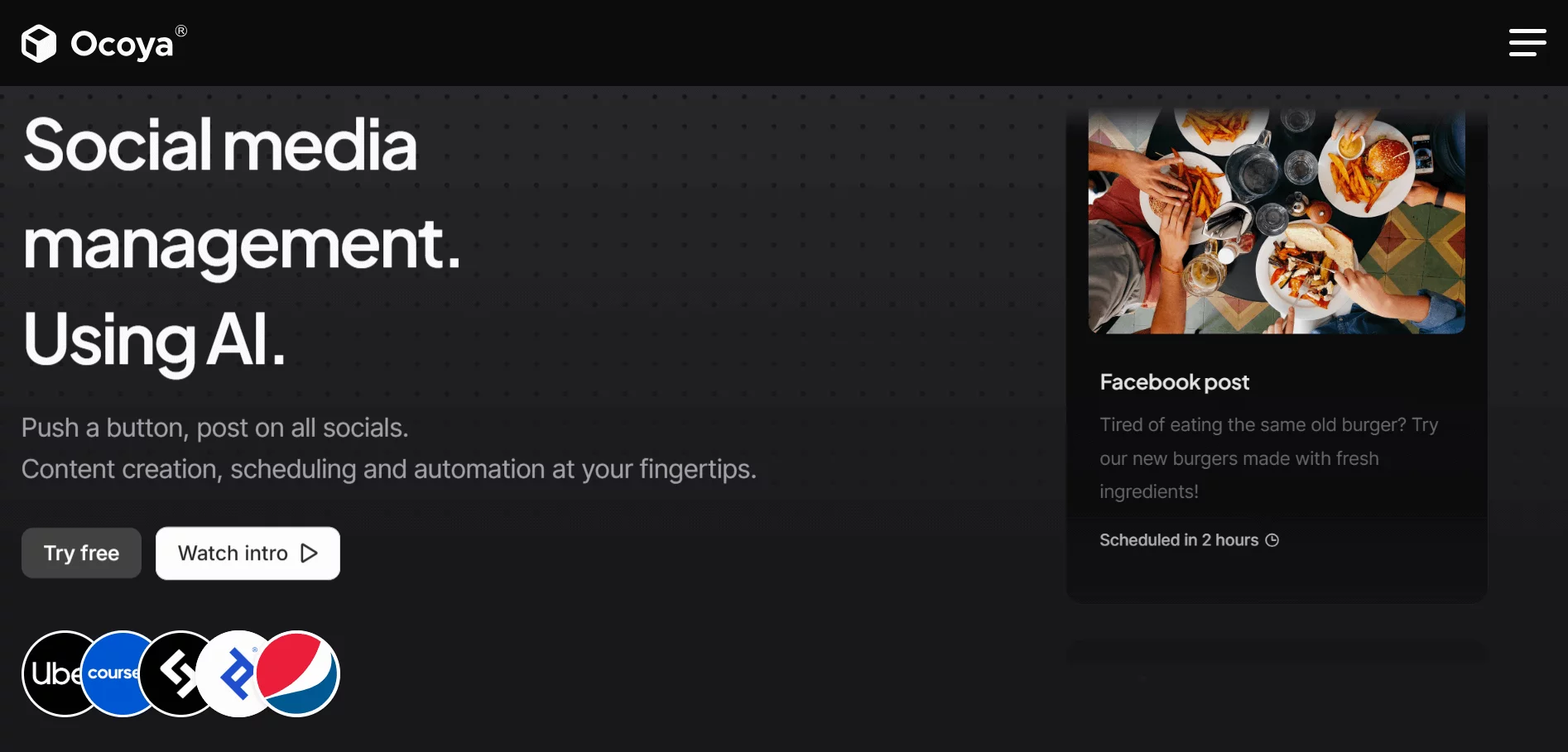 Ocoya homepage with dark theme showing AI-powered social media post scheduling and burger ad preview