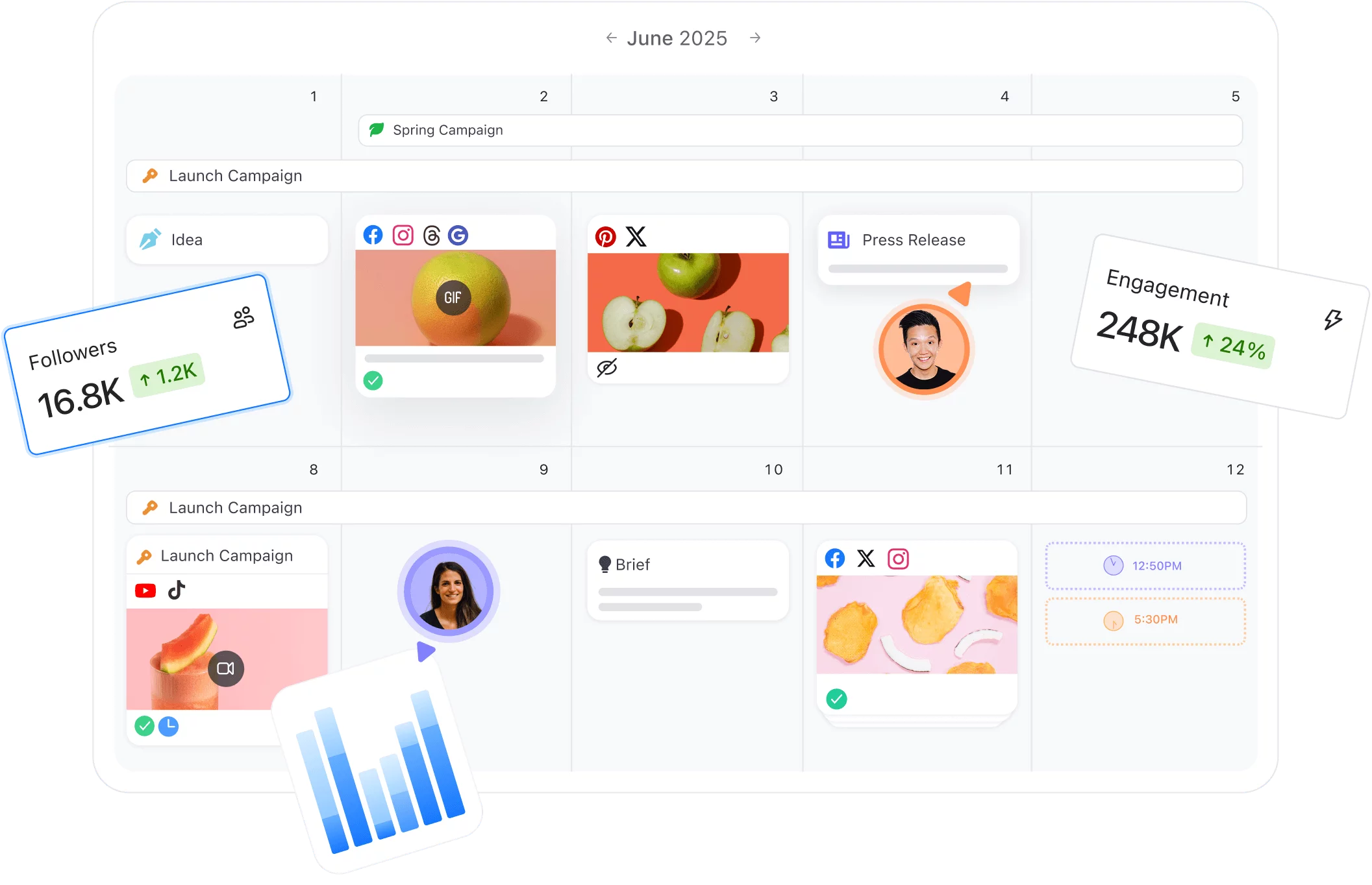 Planable calendar view displaying campaign tasks, social posts, and engagement metrics.