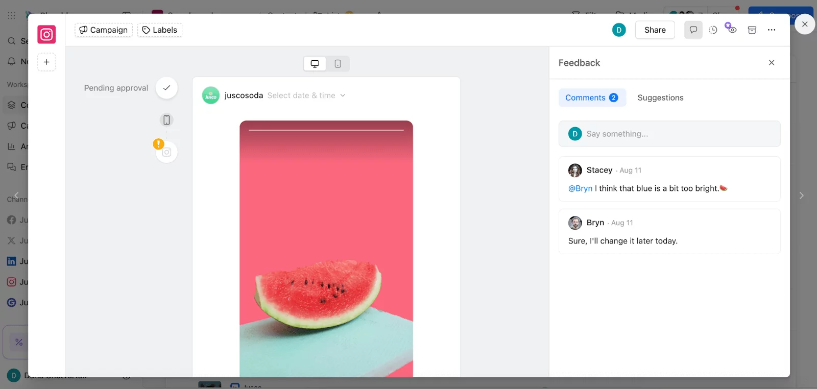 Planable Instagram story preview with internal team comments and feedback on visual design.