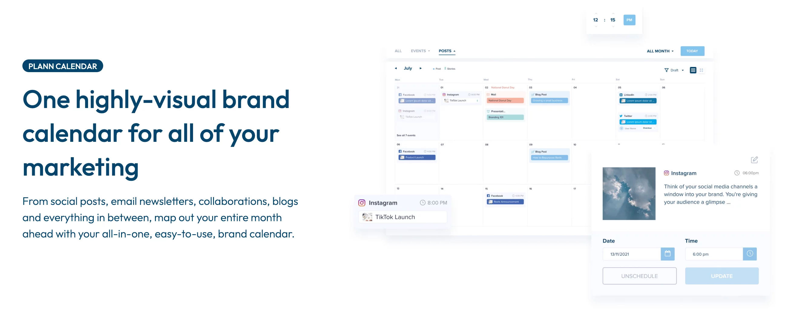 Visual content calendar in Plann displaying scheduled social posts and Instagram post preview.