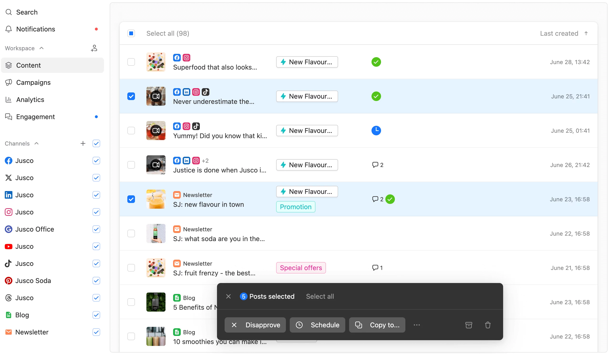 List view of social posts with thumbnails, platforms, and status tags in Planable.