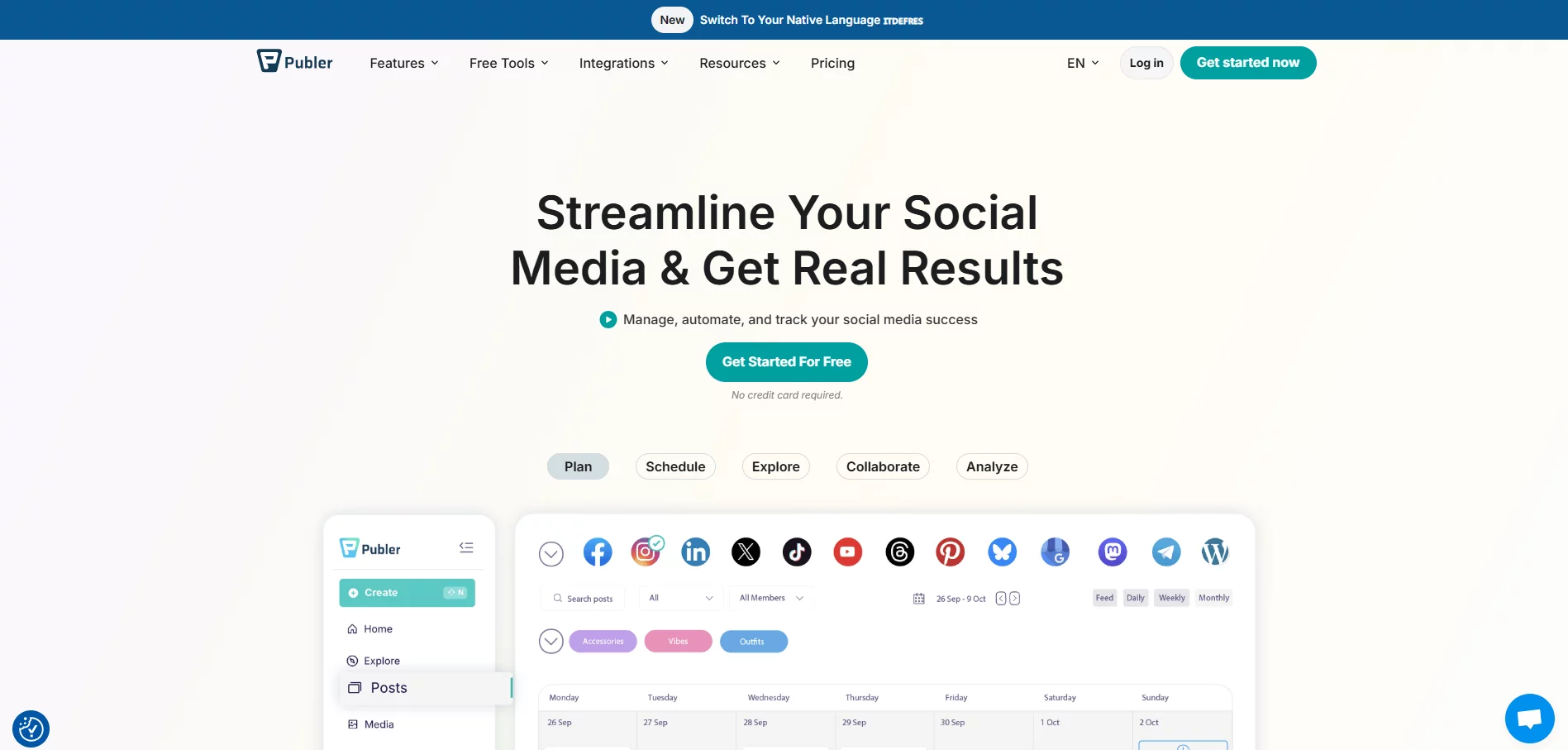 Publer homepage with calendar view and platform icons for scheduling and managing social media.