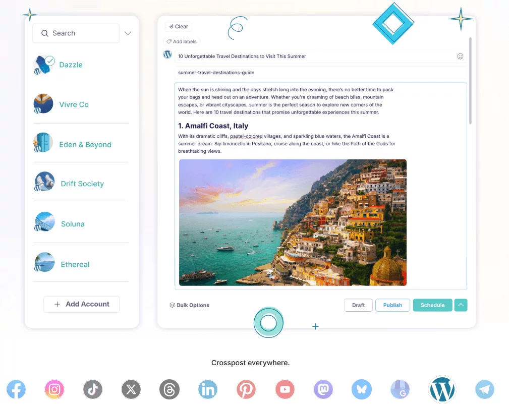 Publer dashboard repurposing a blog post into a WordPress article and social media caption.