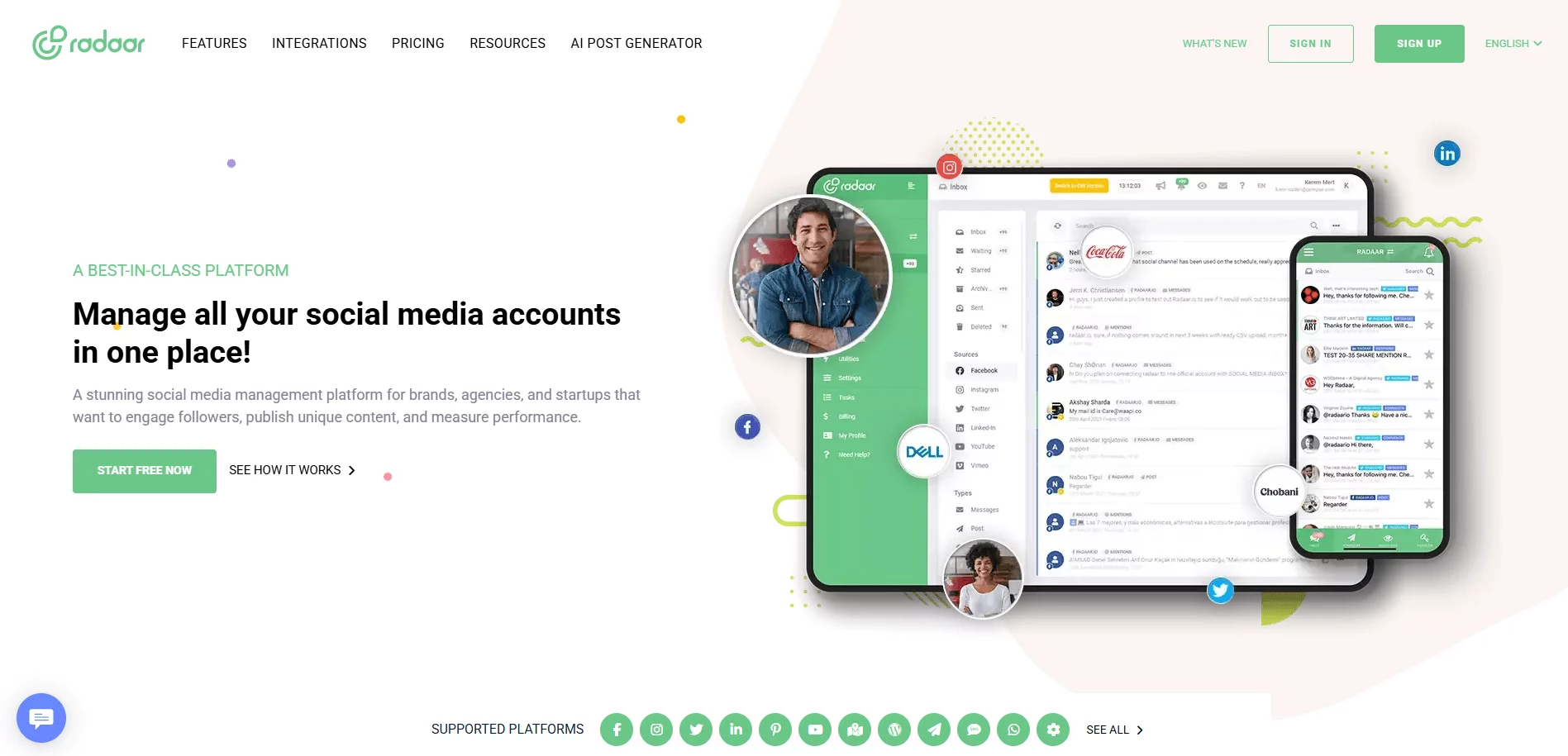 Radaar homepage with man standing beside social inbox UI on desktop and mobile devices for management.