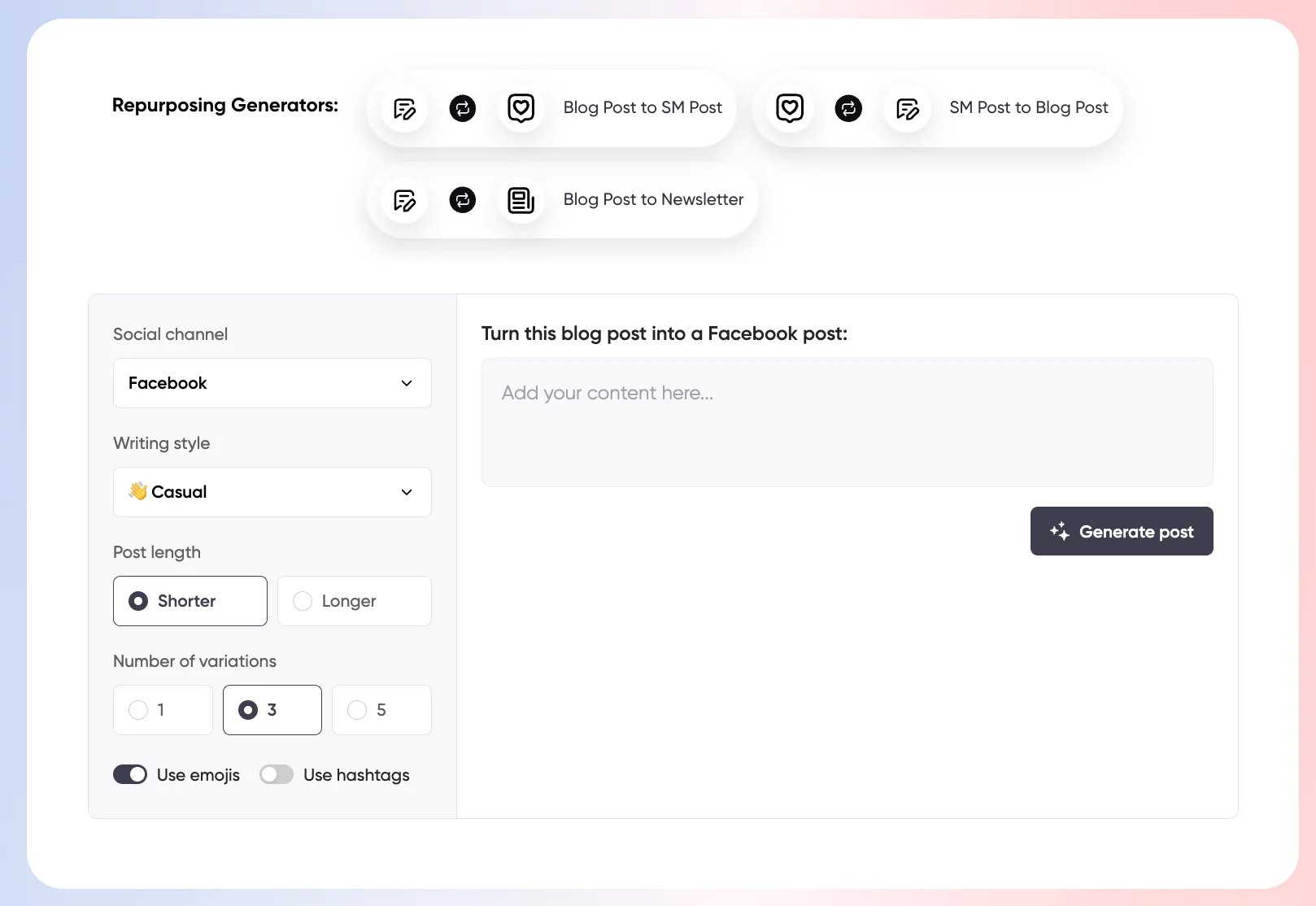 Planable interface for repurposing blog posts into Facebook content with casual writing style.