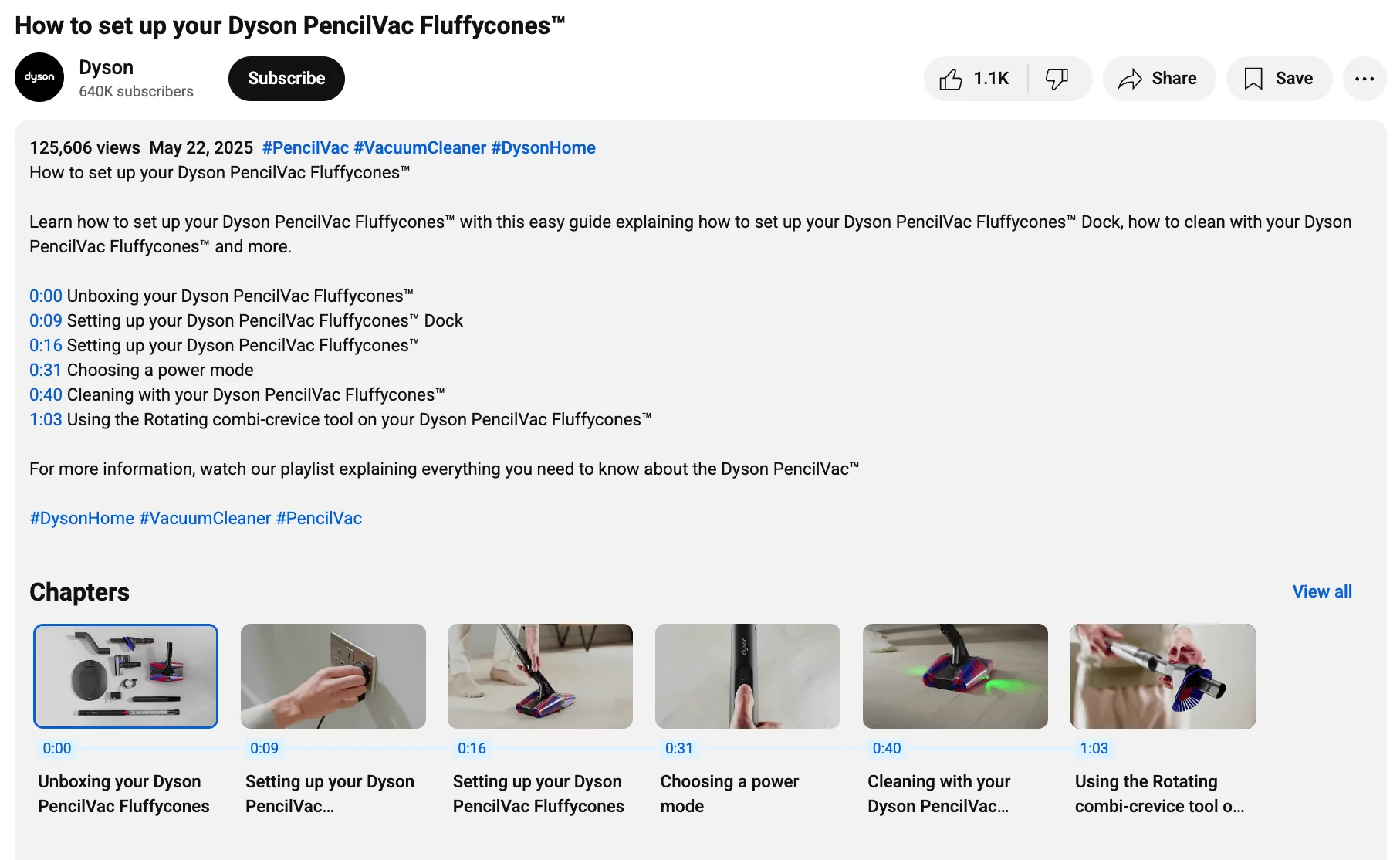 YouTube video page with Dyson PencilVac setup guide, chapters, transcript, and viewer engagement stats.