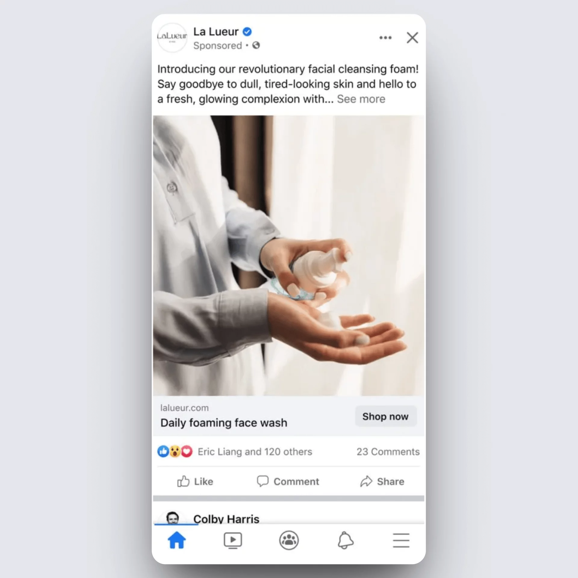 Facebook image ad showing person applying La Lueur foaming face wash with shop now call-to-action.