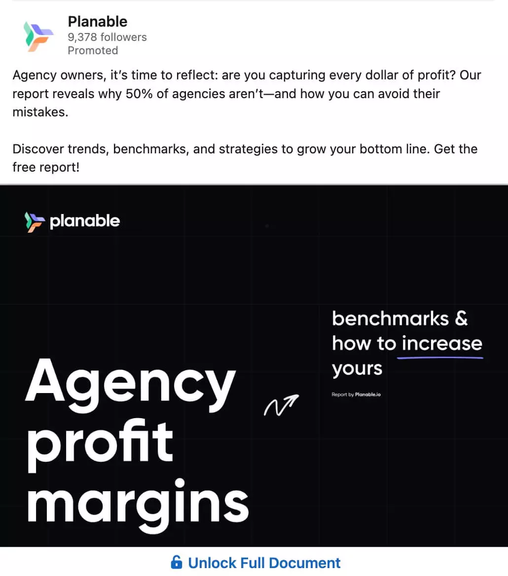 LinkedIn ad from Planable promoting a free report on agency profit margins with benchmarks and growth strategies.