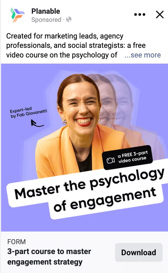 Facebook ad for a free 3-part video course on mastering engagement, featuring expert Fab Giovanetti.