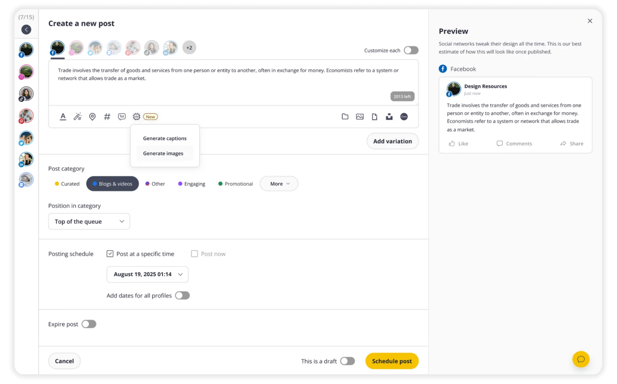 SocialBee dashboard showing Facebook post creation with caption, category, schedule, and preview options.