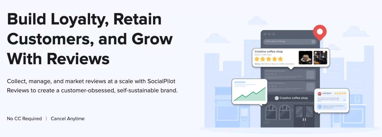 SocialPilot interface showcasing tools for managing and growing with customer reviews at scale.