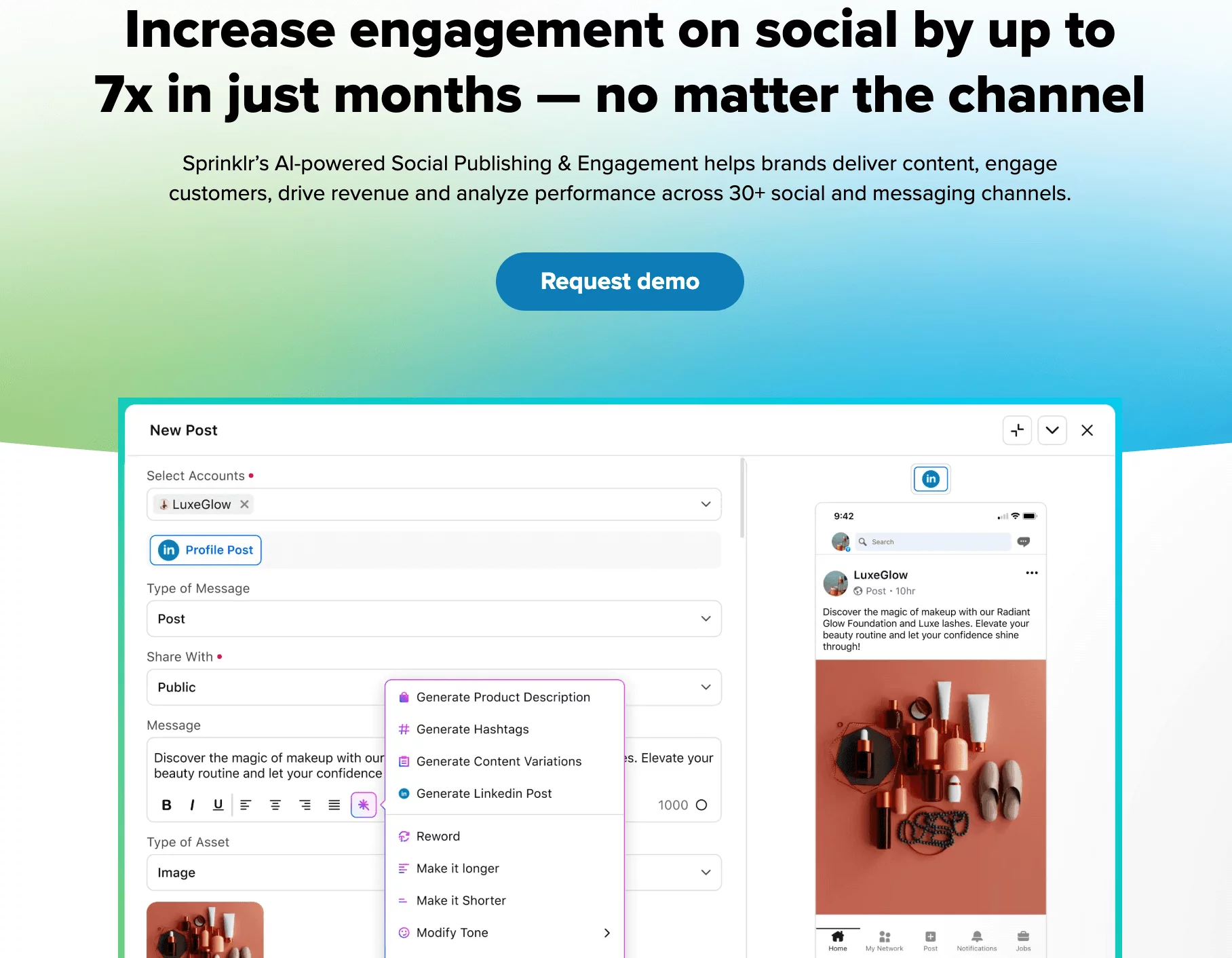 Social publishing dashboard with AI tools for generating posts, hashtags, and content variations.