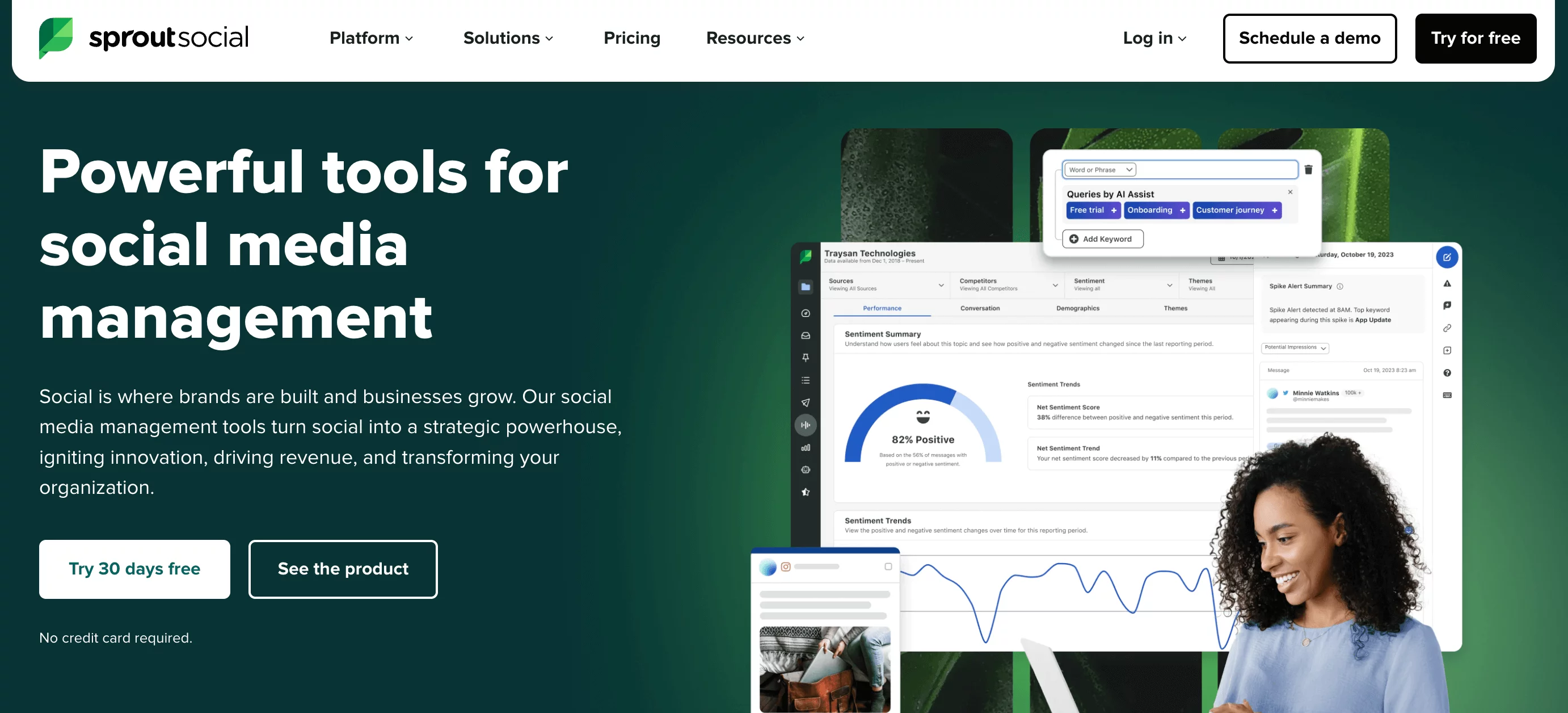 Sprout Social dashboard with sentiment analysis, metrics, and smiling woman beside analytics panel.